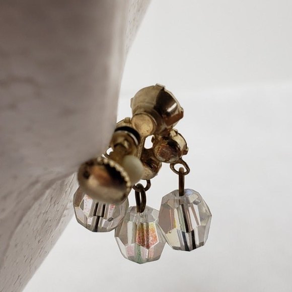 Vintage Crystal Tri-Bead Earrings, Wrap Bracelet Screw Back Gold Tone AB Rhines - Picture 10 of 11